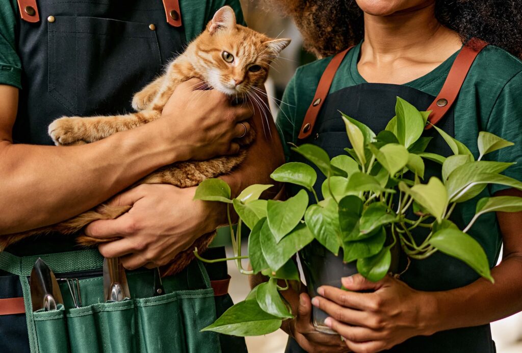 pothos plant and cat with owners